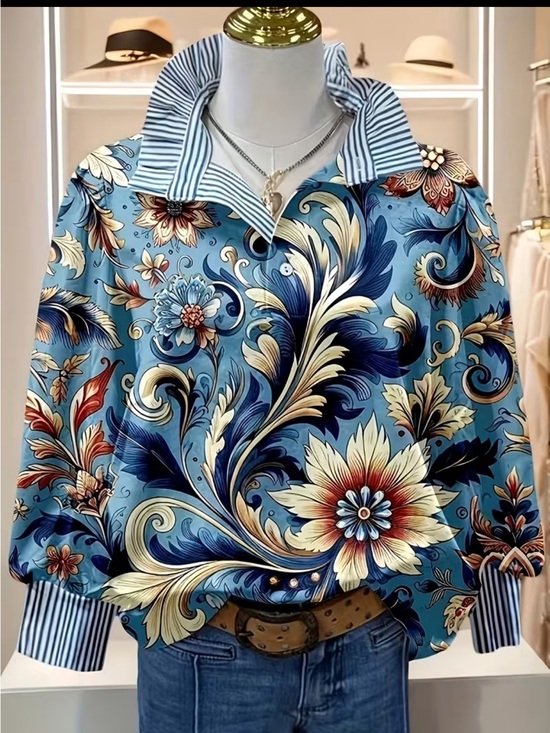 Tops - Floral Blue  Blouse with Stripe Collar XL